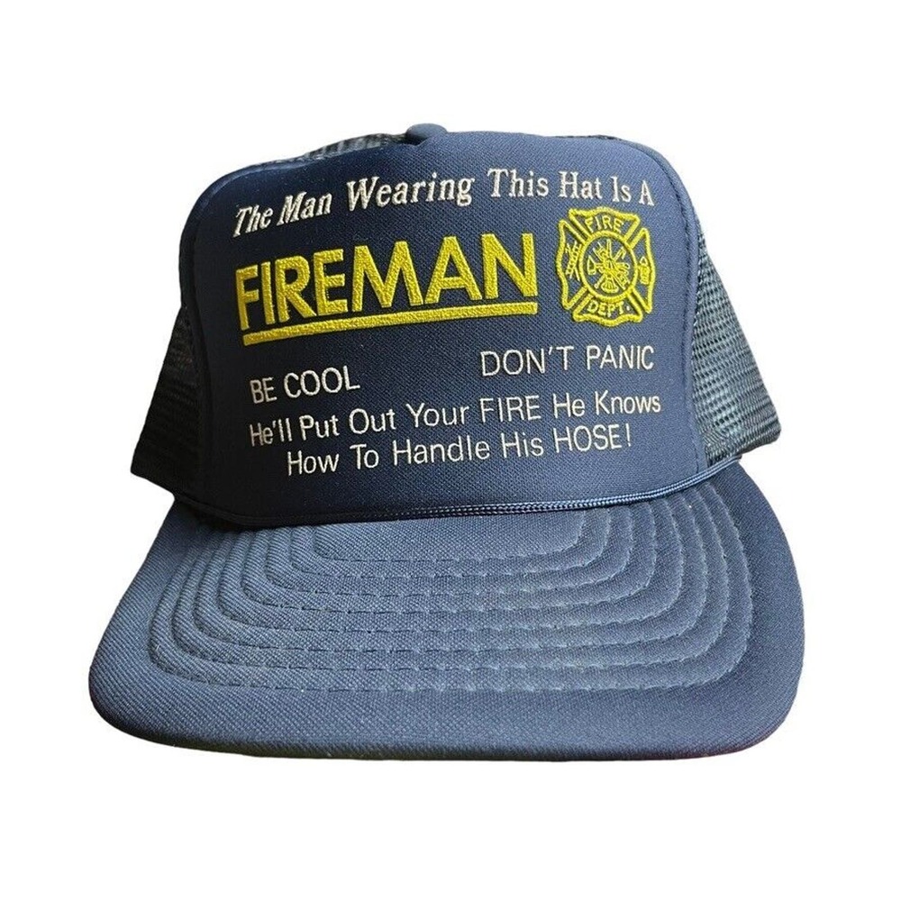 Vintage funny Fireman trucker hat cap 'He knows how to handle his hose!'